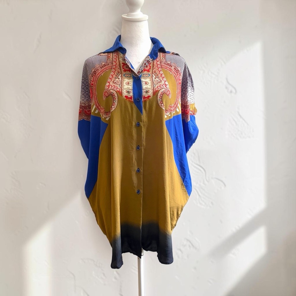 Etro Silk Paisley Cape Blouse Top IT 40 US 4 Oversized Blue Ochre Made Italy